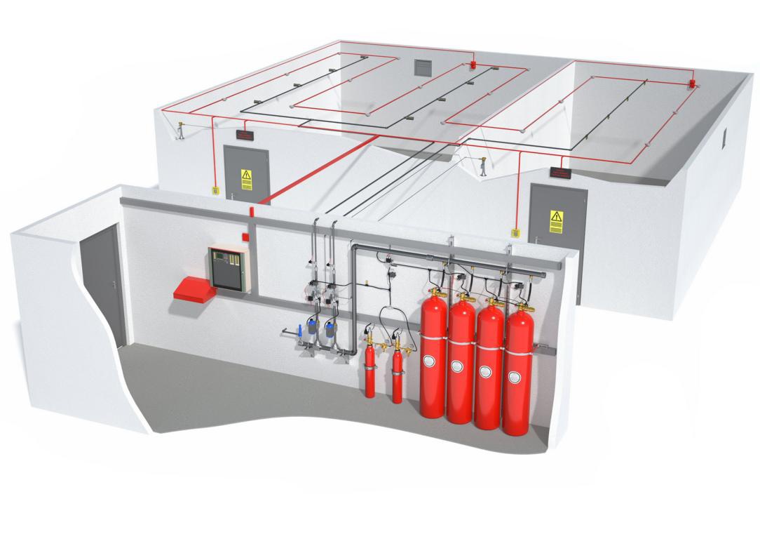 Engineered inert gas fire suppression system protecting an industrial facility